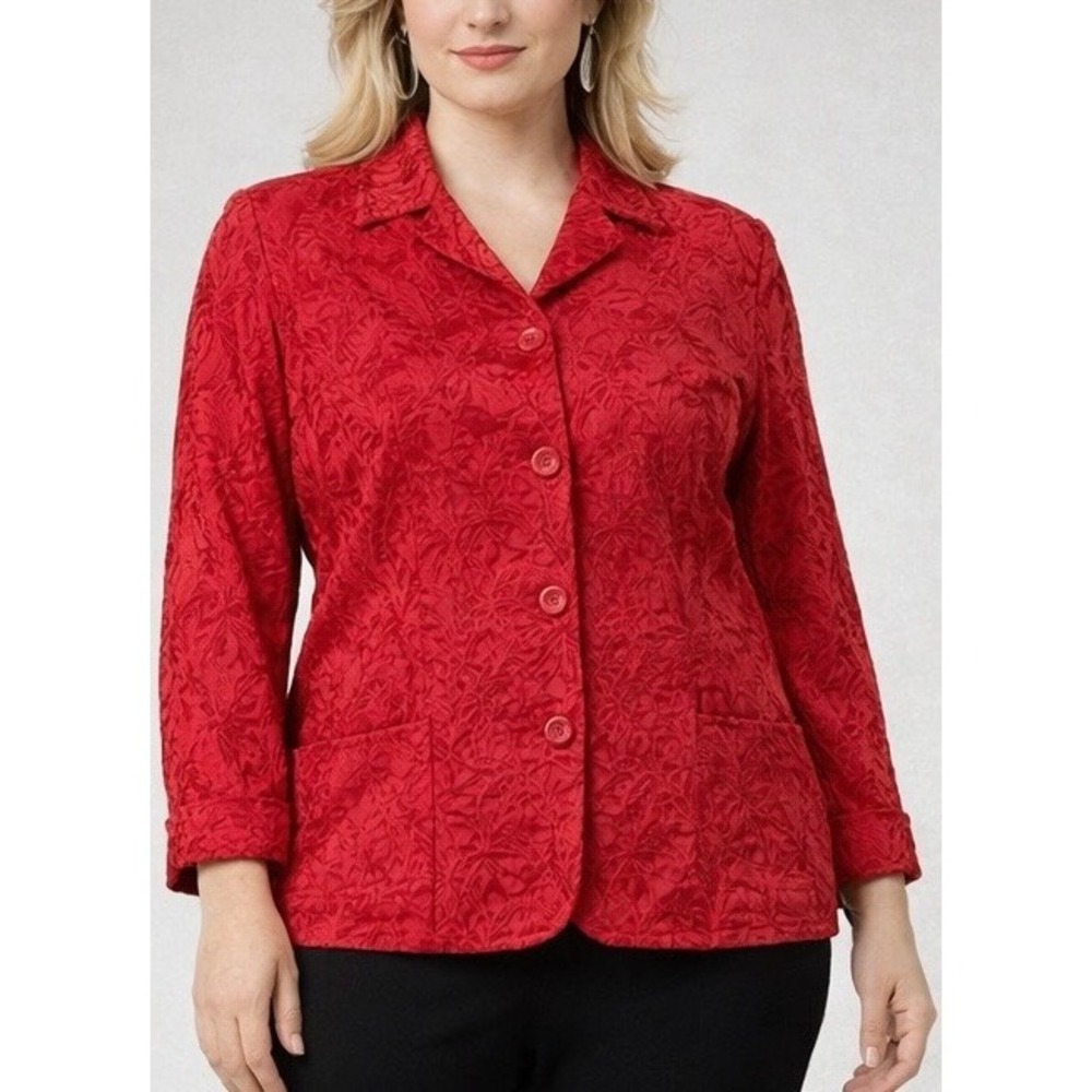 Coldwater Creek Red Floral Embroidered Button Front Jacket Womens M Career Chic